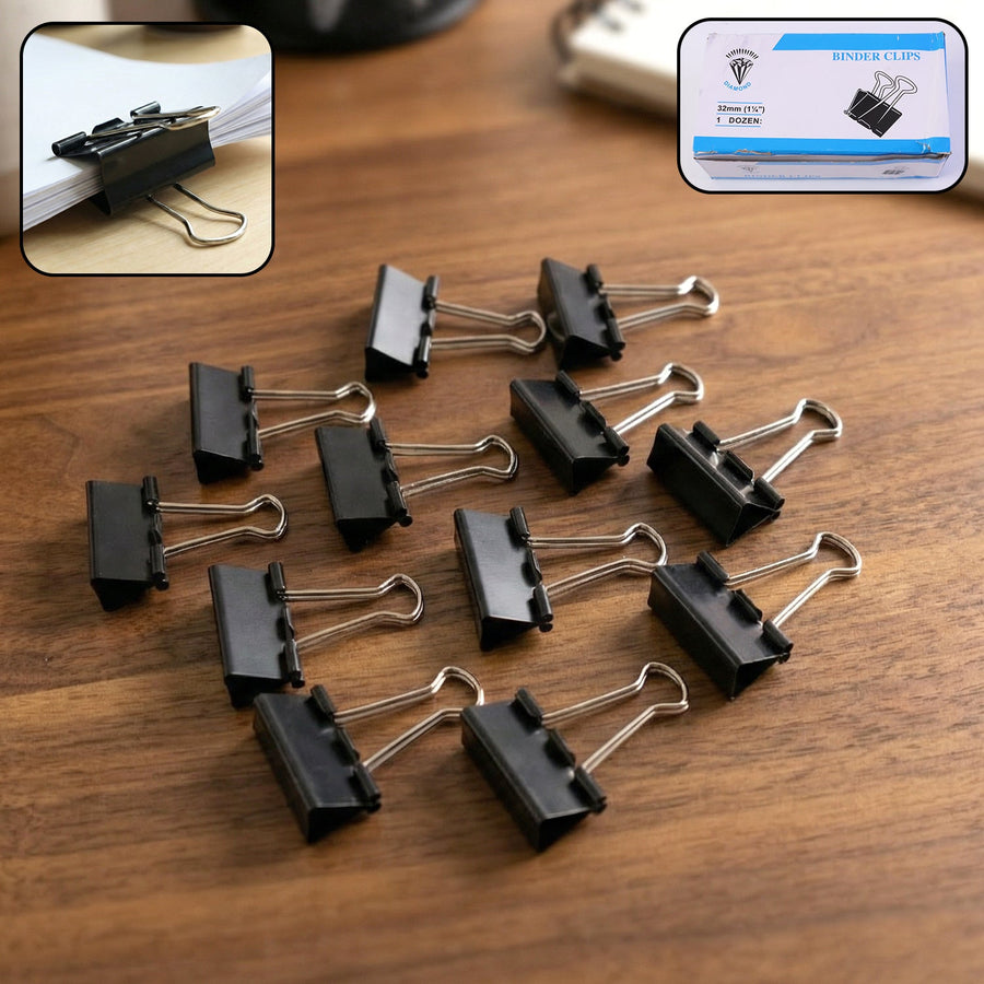 Binder Clips 32mm – Heavy-Duty Strong Metal Clips, 12 Pc Set