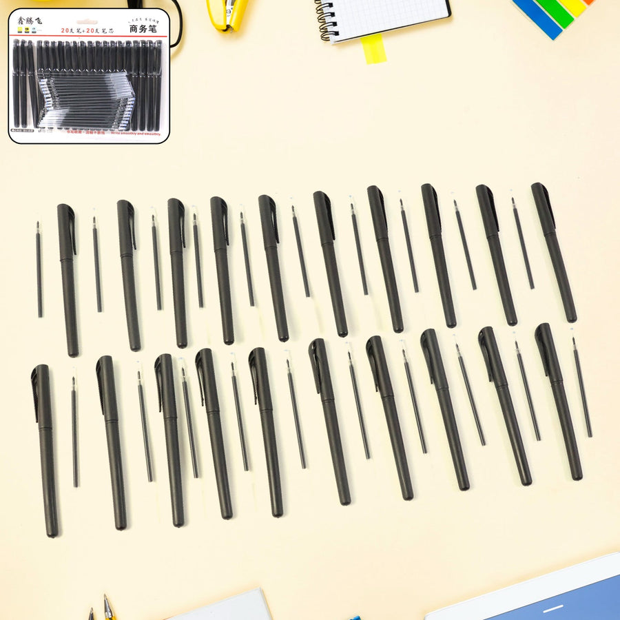 Refillable Black Marker Pen Set with 20 Pens & Extra Ink