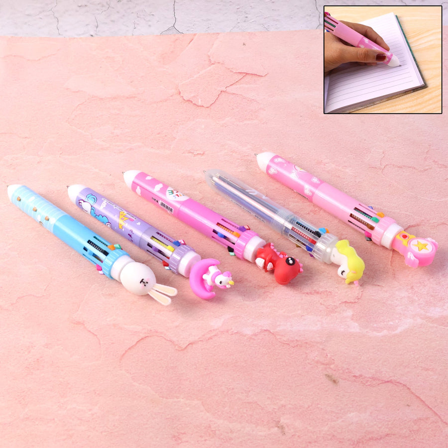 10-in-1 Multicolor Ball Pen – Smooth Writing with Cute Character Design