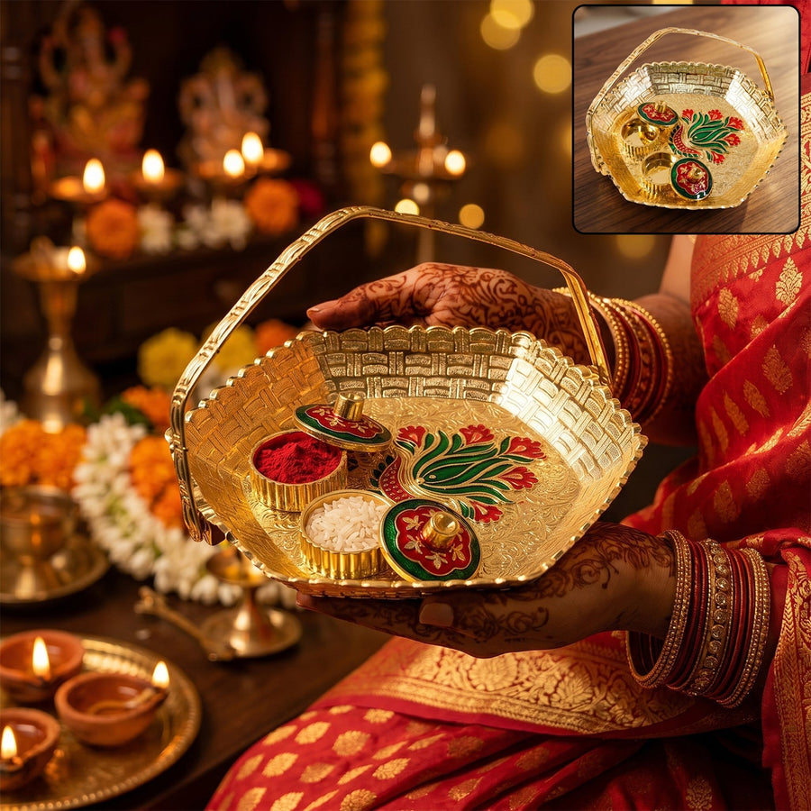 Golden Kumkum Kankavati Basket – Elegant Ritual Organizer
