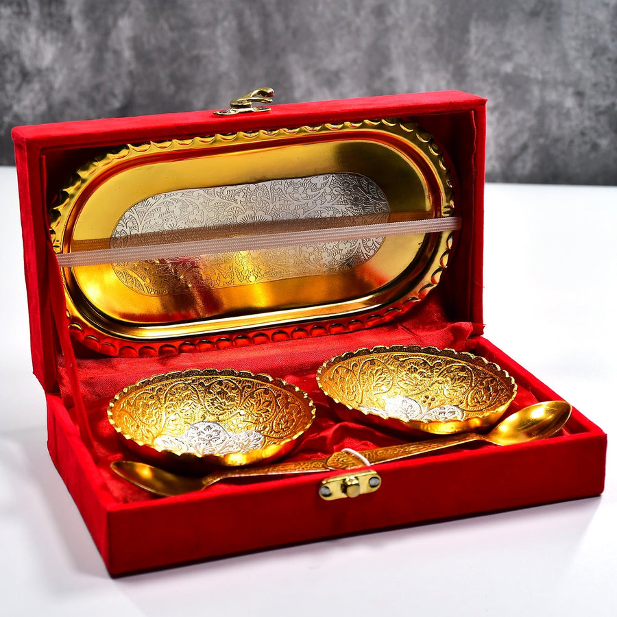 Gold Silver Plated Tray Set – Brass with Bowls & Spoons | Lunchie Bunchie