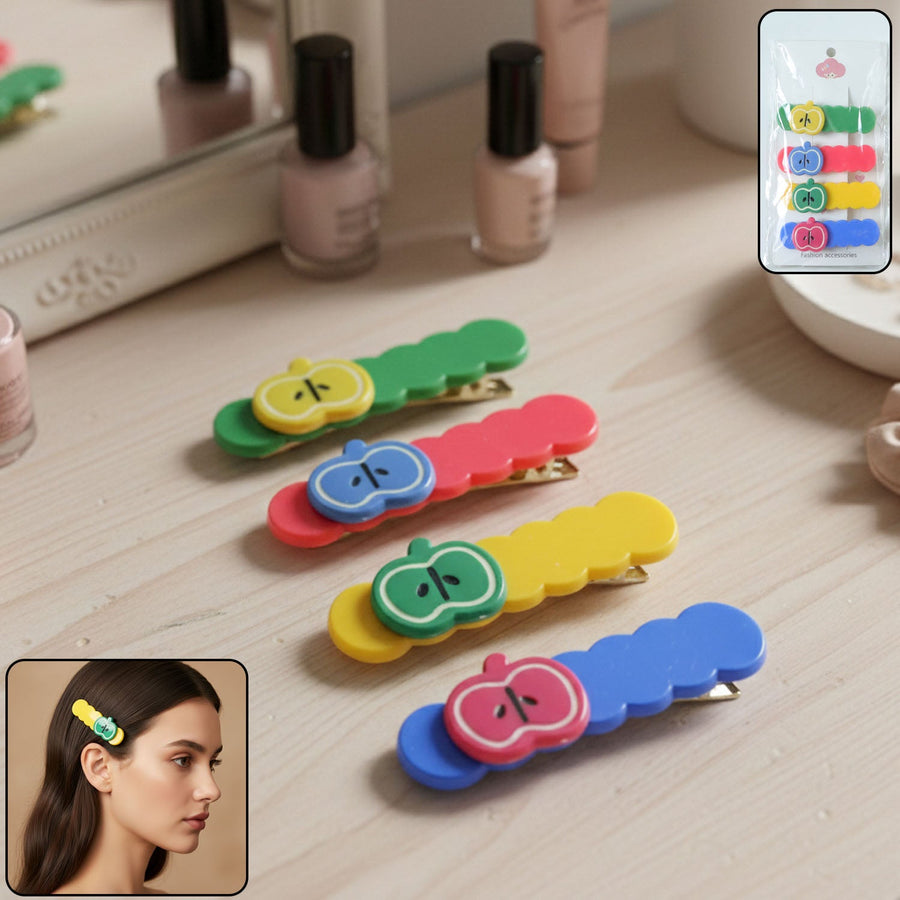 Apple Design Hair Clips, Colorful 4-Pc Set for Girls