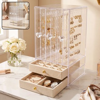 Acrylic Jewelry Organizer Box, 3 Hanging Panels and 2 Drawers for Earrings (1 Set)