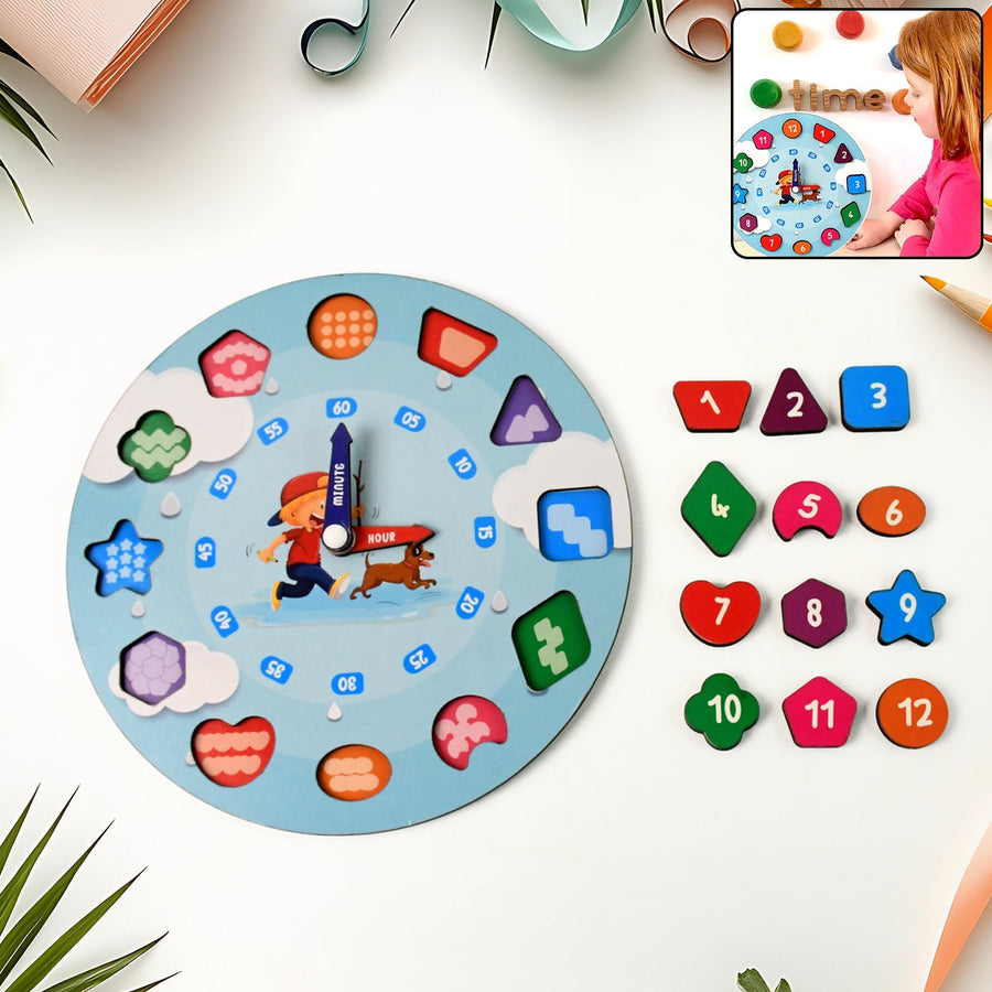 Wooden Educational Learning Clock Toy – Movable Hands & Shape Blocks