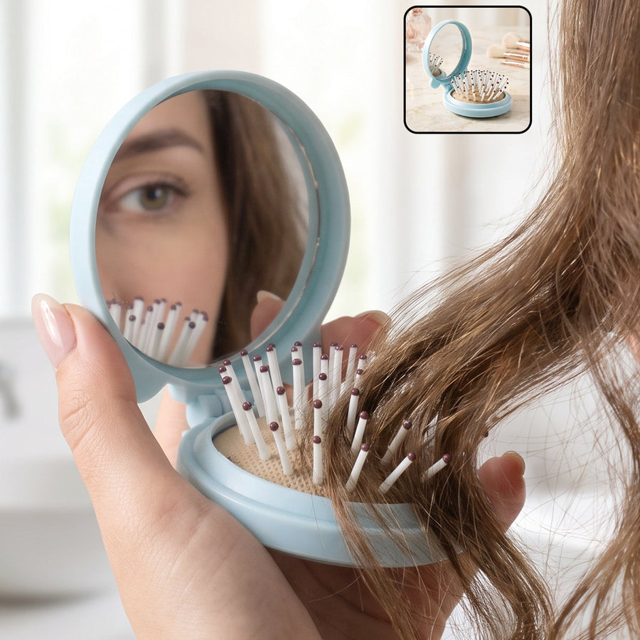 2 in 1 Folding Hair Brush with Mirror Compact Pop Up for Travel (1 Pc)