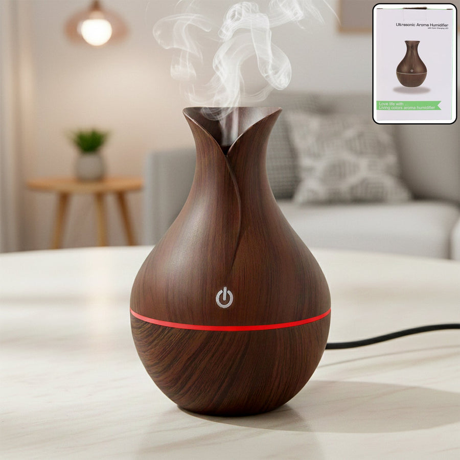 Mini Wooden Humidifier – Ultrasonic Mist Diffuser with LED | Indo Glow