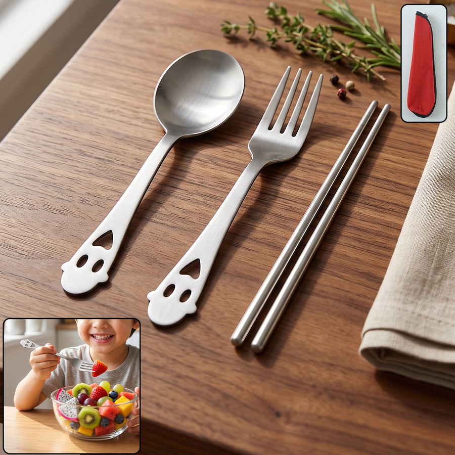 Stainless Steel Portable Cutlery Set Spoon Fork Chopsticks with Pouch (4 Pc Set)