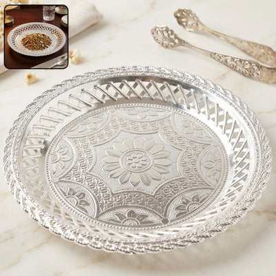 Decorative Silver Serving Tray – Elegant Round Floral Design