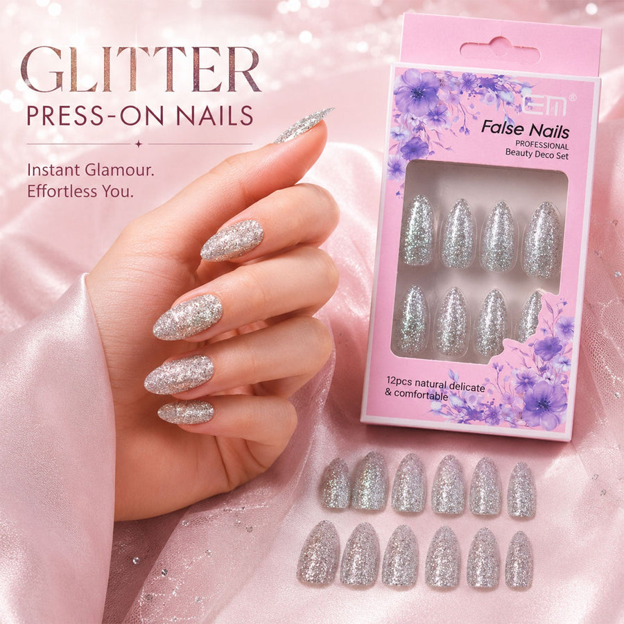 Glitter Press-On False Nails – Reusable Glossy Mix Designs